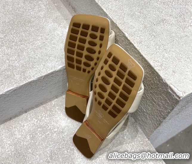 Buy Luxury Bottega Veneta Riva Flat Slides Sandal in Shiny Calfskin with Twisted Strap Sea Salt White 0604046