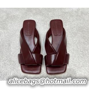 Low Cost Bottega Veneta Riva Flat Slides Sandal in Shiny Calfskin with Twisted Strap Barolo Red 0604048