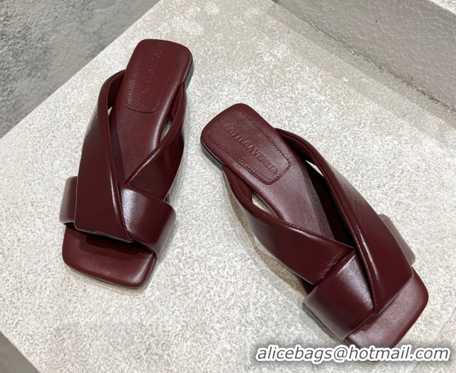 Low Cost Bottega Veneta Riva Flat Slides Sandal in Shiny Calfskin with Twisted Strap Barolo Red 0604048