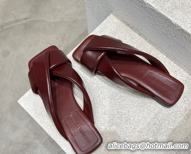 Low Cost Bottega Veneta Riva Flat Slides Sandal in Shiny Calfskin with Twisted Strap Barolo Red 0604048