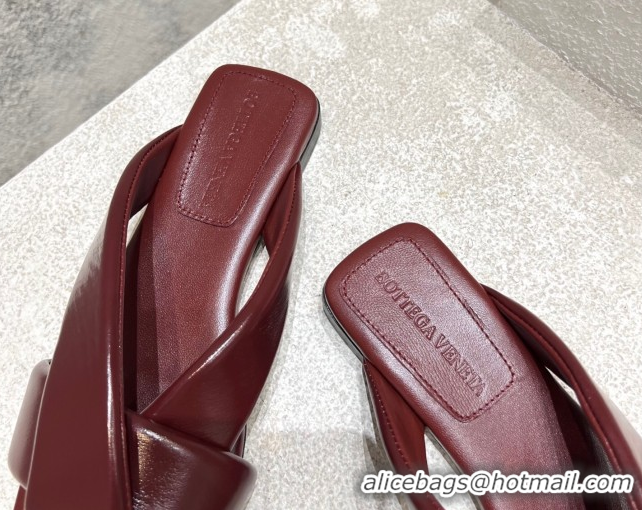 Low Cost Bottega Veneta Riva Flat Slides Sandal in Shiny Calfskin with Twisted Strap Barolo Red 0604048