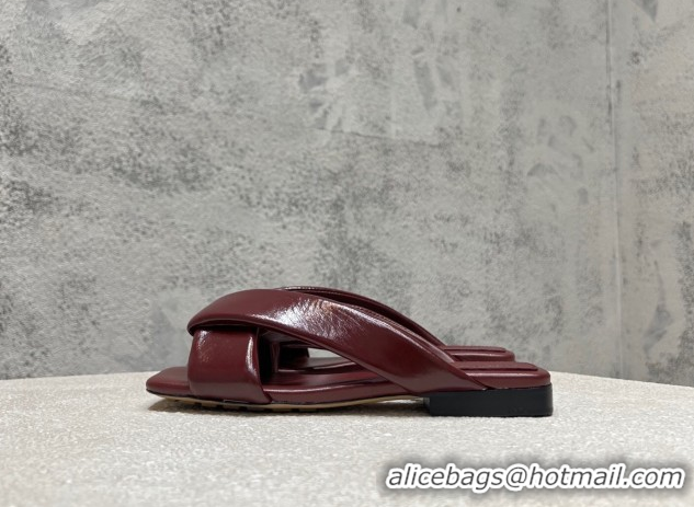 Low Cost Bottega Veneta Riva Flat Slides Sandal in Shiny Calfskin with Twisted Strap Barolo Red 0604048
