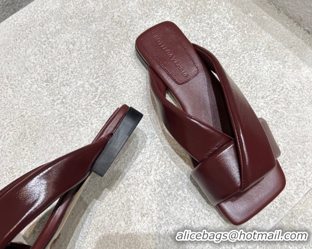 Low Cost Bottega Veneta Riva Flat Slides Sandal in Shiny Calfskin with Twisted Strap Barolo Red 0604048