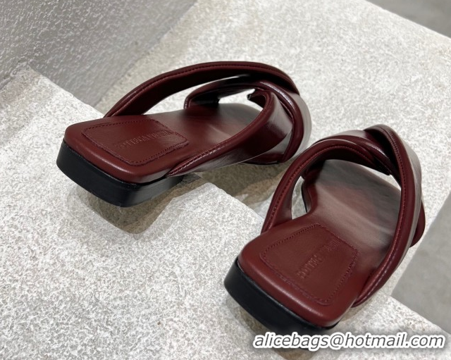 Low Cost Bottega Veneta Riva Flat Slides Sandal in Shiny Calfskin with Twisted Strap Barolo Red 0604048