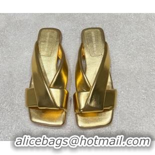 Sophisticated Bottega Veneta Riva Flat Slides Sandal in Shiny Calfskin with Twisted Strap Gold 0604052
