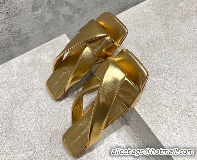 Sophisticated Bottega Veneta Riva Flat Slides Sandal in Shiny Calfskin with Twisted Strap Gold 0604052
