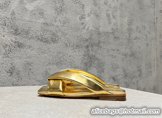 Sophisticated Bottega Veneta Riva Flat Slides Sandal in Shiny Calfskin with Twisted Strap Gold 0604052