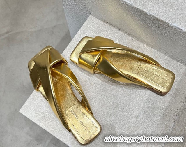 Sophisticated Bottega Veneta Riva Flat Slides Sandal in Shiny Calfskin with Twisted Strap Gold 0604052