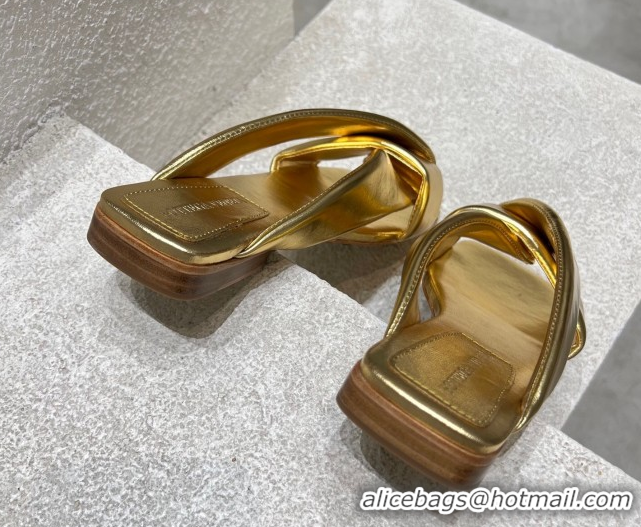 Sophisticated Bottega Veneta Riva Flat Slides Sandal in Shiny Calfskin with Twisted Strap Gold 0604052