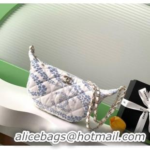 Top Design Chanel Printed Denim Large Hobo Bag AS5431 White/Blue 2025