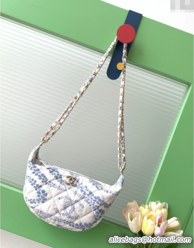 Top Design Chanel Printed Denim Large Hobo Bag AS5431 White/Blue 2025
