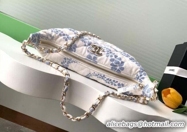 Top Design Chanel Printed Denim Large Hobo Bag AS5431 White/Blue 2025