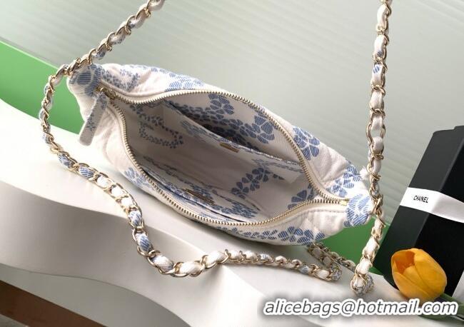 Top Design Chanel Printed Denim Large Hobo Bag AS5431 White/Blue 2025