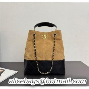 Top Design Chanel Suede & Lambskin Small Shopping Bag 99485 Beige/Black 2025