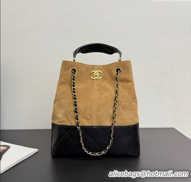 Top Design Chanel Suede & Lambskin Small Shopping Bag 99485 Beige/Black 2025