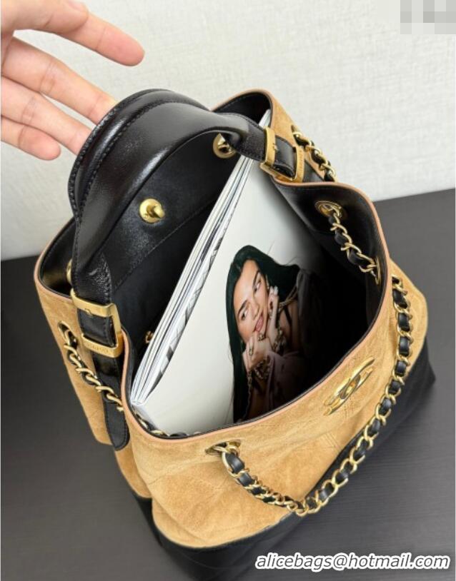 Top Design Chanel Suede & Lambskin Small Shopping Bag 99485 Beige/Black 2025