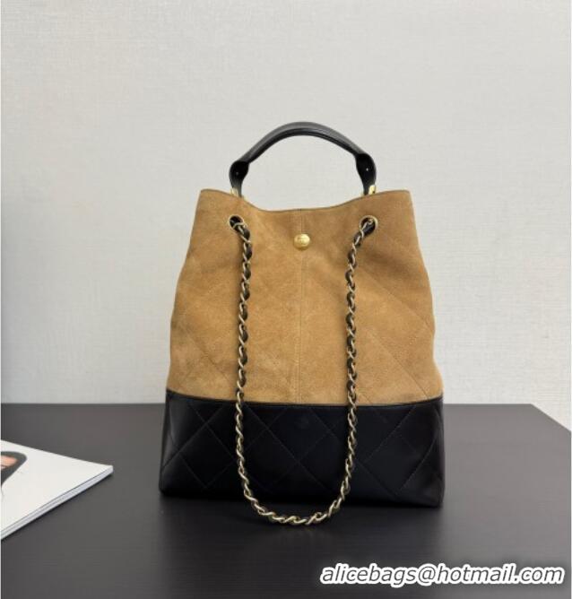 Top Design Chanel Suede & Lambskin Small Shopping Bag 99485 Beige/Black 2025