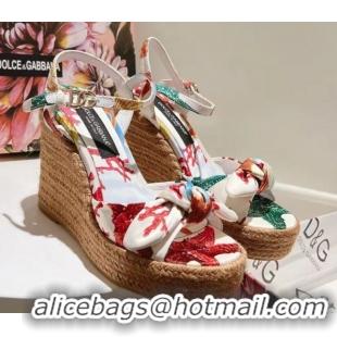 Top Grade Dolce & Gabbana Printed Fabric Wedge Sandals 10cm with Bow White 0604138