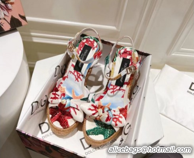 Top Grade Dolce & Gabbana Printed Fabric Wedge Sandals 10cm with Bow White 0604138