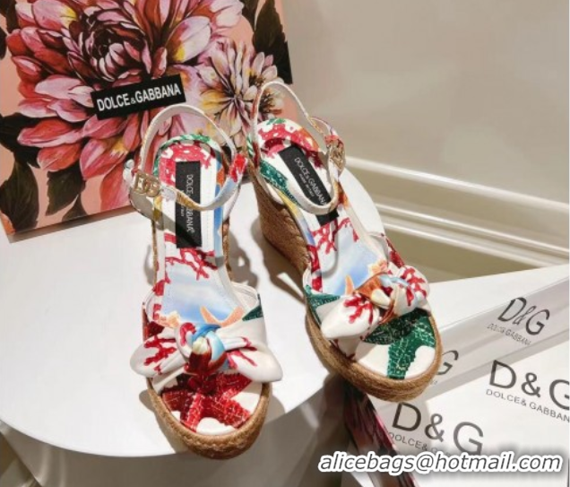 Top Grade Dolce & Gabbana Printed Fabric Wedge Sandals 10cm with Bow White 0604138