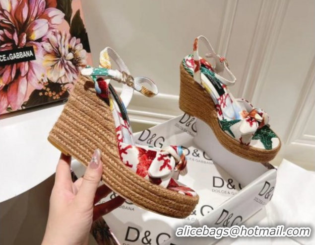 Top Grade Dolce & Gabbana Printed Fabric Wedge Sandals 10cm with Bow White 0604138