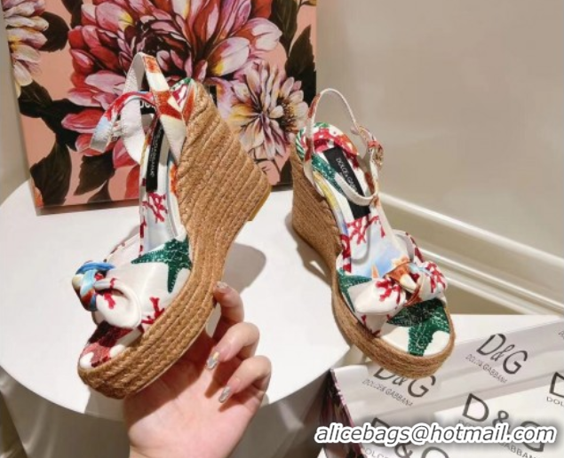 Top Grade Dolce & Gabbana Printed Fabric Wedge Sandals 10cm with Bow White 0604138