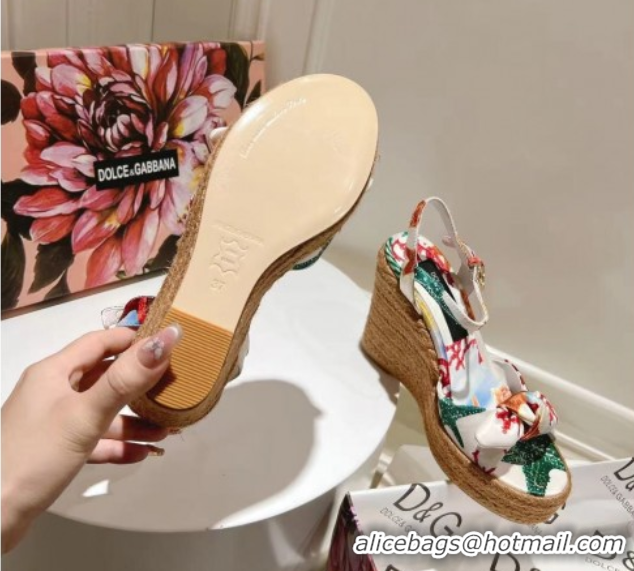 Top Grade Dolce & Gabbana Printed Fabric Wedge Sandals 10cm with Bow White 0604138