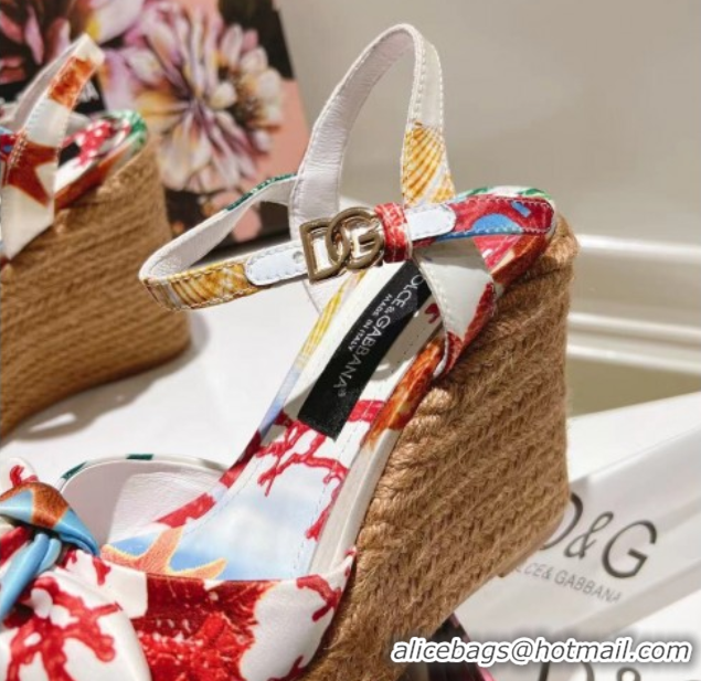 Top Grade Dolce & Gabbana Printed Fabric Wedge Sandals 10cm with Bow White 0604138