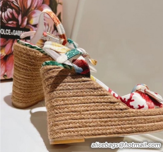 Top Grade Dolce & Gabbana Printed Fabric Wedge Sandals 10cm with Bow White 0604138