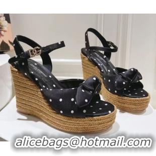 Good Quality Dolce & Gabbana Dotted Fabric Wedge Sandals 10cm with Bow Black 0604139