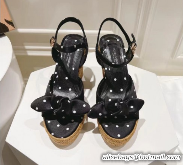 Good Quality Dolce & Gabbana Dotted Fabric Wedge Sandals 10cm with Bow Black 0604139