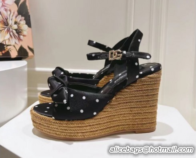 Good Quality Dolce & Gabbana Dotted Fabric Wedge Sandals 10cm with Bow Black 0604139