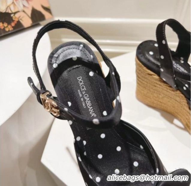 Good Quality Dolce & Gabbana Dotted Fabric Wedge Sandals 10cm with Bow Black 0604139