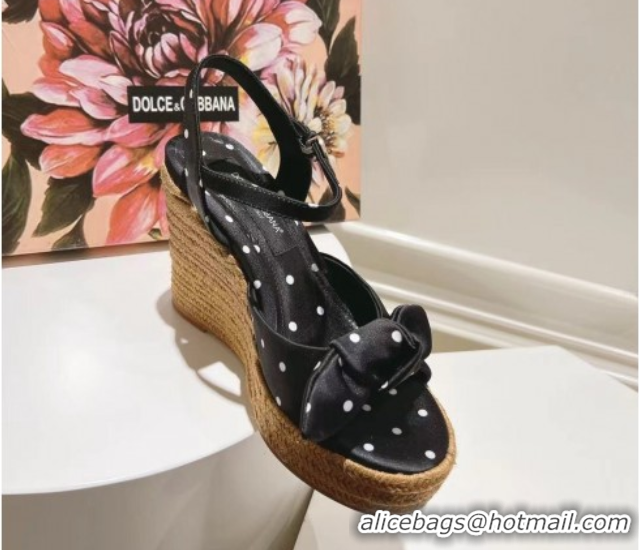 Good Quality Dolce & Gabbana Dotted Fabric Wedge Sandals 10cm with Bow Black 0604139
