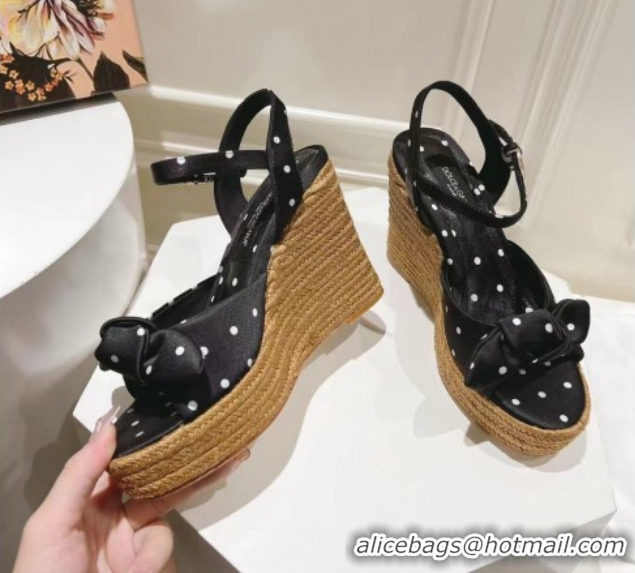 Good Quality Dolce & Gabbana Dotted Fabric Wedge Sandals 10cm with Bow Black 0604139