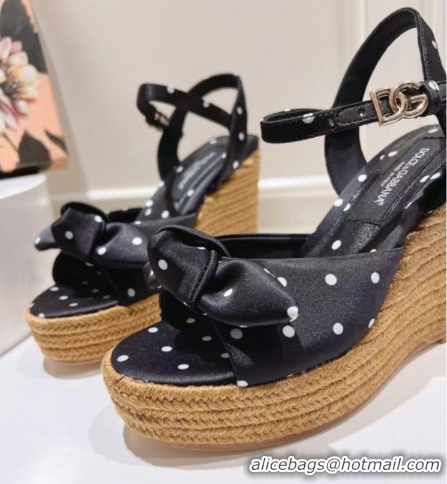Good Quality Dolce & Gabbana Dotted Fabric Wedge Sandals 10cm with Bow Black 0604139