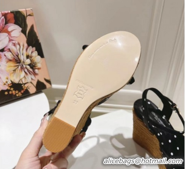 Good Quality Dolce & Gabbana Dotted Fabric Wedge Sandals 10cm with Bow Black 0604139