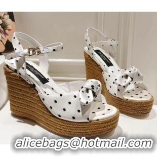 Luxurious Dolce & Gabbana Dotted Fabric Wedge Sandals 10cm with Bow White 0604140