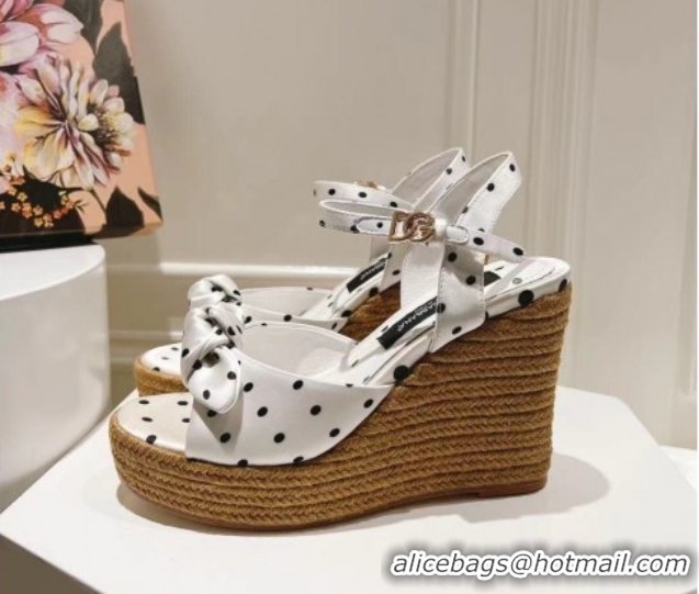 Luxurious Dolce & Gabbana Dotted Fabric Wedge Sandals 10cm with Bow White 0604140