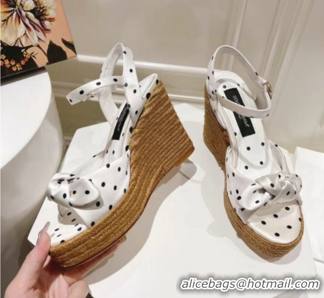 Luxurious Dolce & Gabbana Dotted Fabric Wedge Sandals 10cm with Bow White 0604140