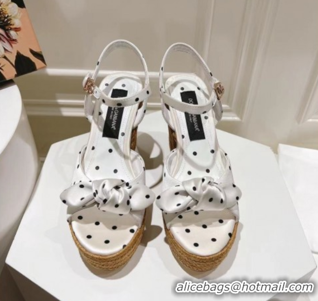 Luxurious Dolce & Gabbana Dotted Fabric Wedge Sandals 10cm with Bow White 0604140