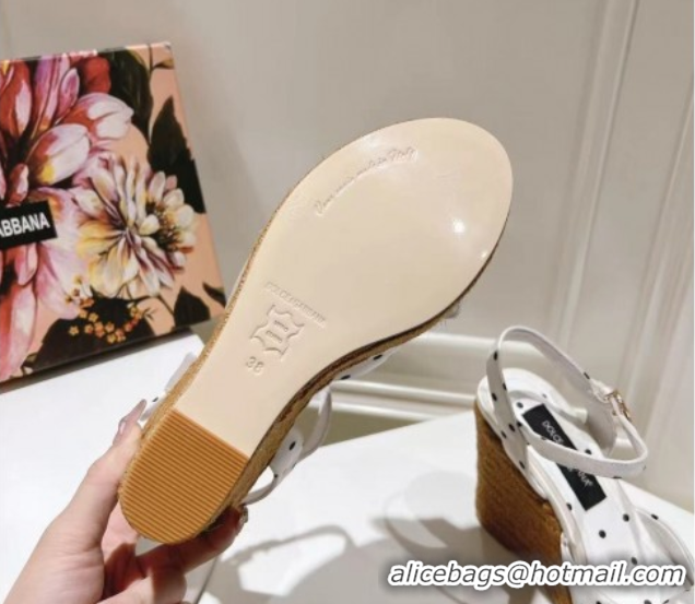 Luxurious Dolce & Gabbana Dotted Fabric Wedge Sandals 10cm with Bow White 0604140