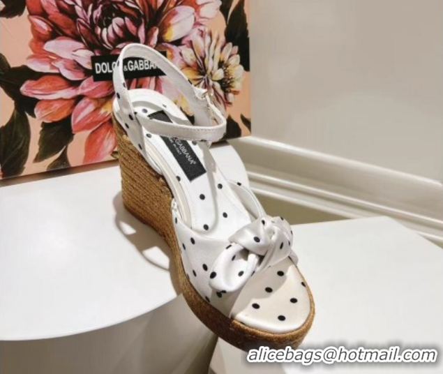 Luxurious Dolce & Gabbana Dotted Fabric Wedge Sandals 10cm with Bow White 0604140