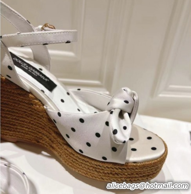 Luxurious Dolce & Gabbana Dotted Fabric Wedge Sandals 10cm with Bow White 0604140