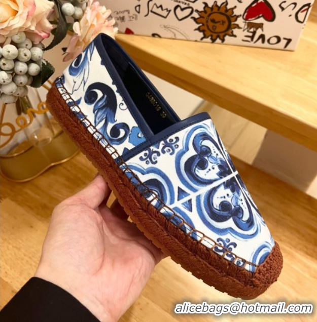 Buy Luxury Dolce & Gabbana Majolica-print Canvas Espadrilles Flat Blue 0604143