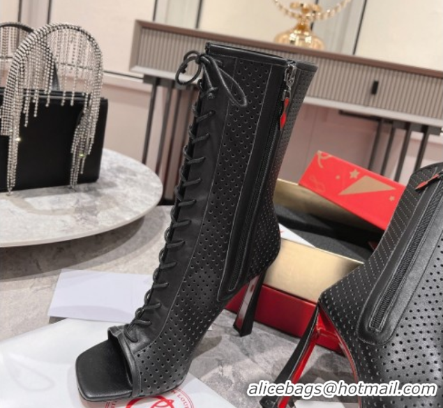 Good Looking Christian Louboutin Open Toe Ankle Boots 10cm in Perforated Leather Black 0604128