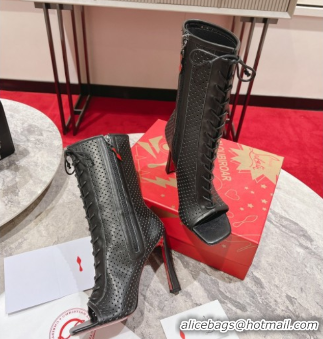 Good Looking Christian Louboutin Open Toe Ankle Boots 10cm in Perforated Leather Black 0604128