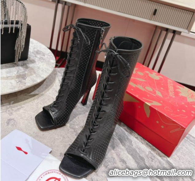 Good Looking Christian Louboutin Open Toe Ankle Boots 10cm in Perforated Leather Black 0604128