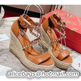 Good Quality Christian Louboutin Malfadina Zeppa Wedge Sandals 12cm in Leather and Spikes Brown 0604130