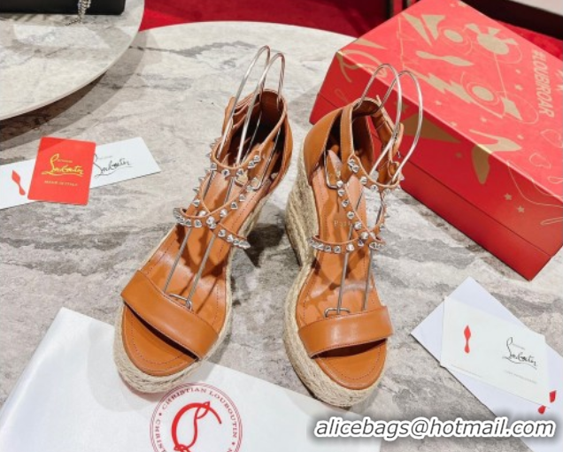 Good Quality Christian Louboutin Malfadina Zeppa Wedge Sandals 12cm in Leather and Spikes Brown 0604130